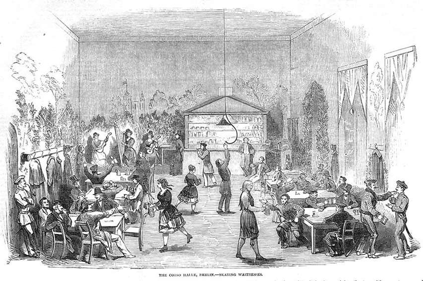 La Corso Halle de Berlin et ses serveurs en patins (1851)