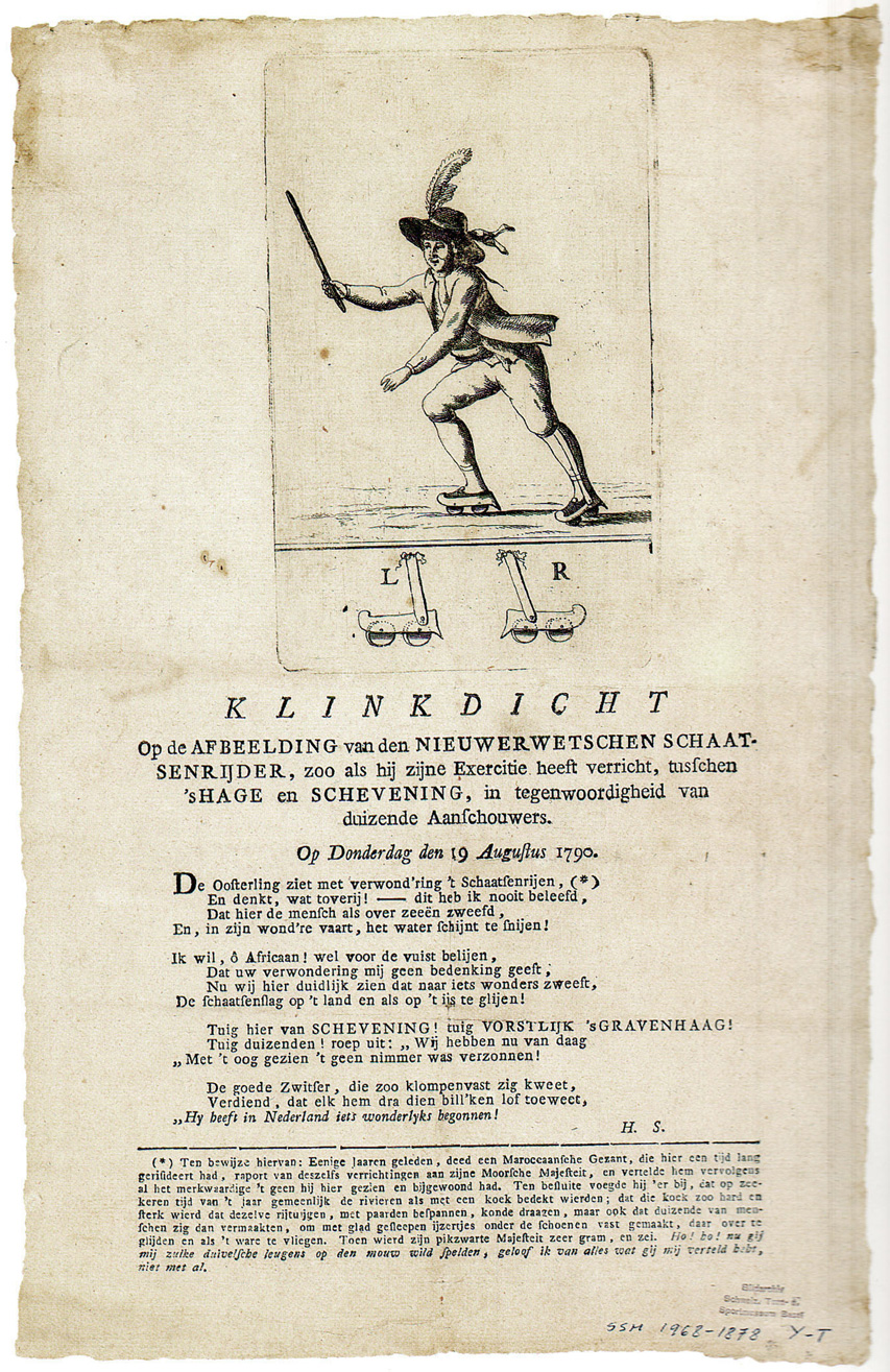 La première illustration d'un patineur à roulettes connue à ce jour (1790)